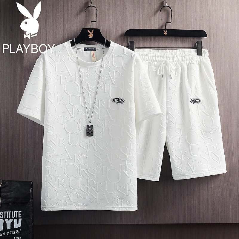 Flower Playboy Summer T-shirt men loose round collar men's outfit set with casual short sleeves suit male trend