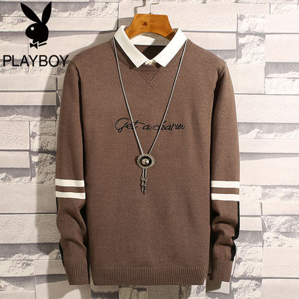 Playboy Spring and Autumn New Sweater Men's Korean Edition Stripe Round-collar sleeve-fitted Men's Clothes