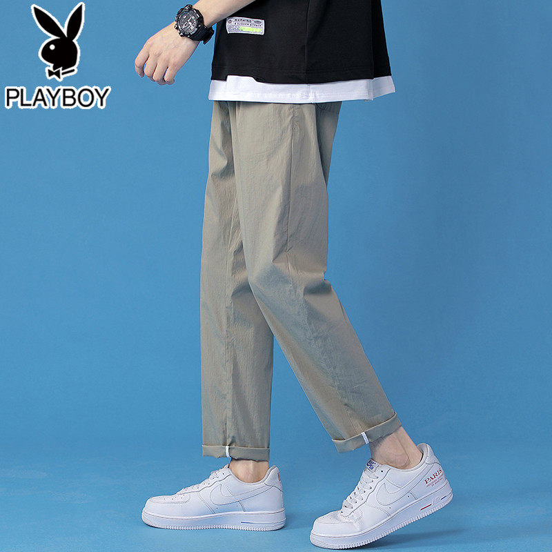Playboy plain ice silk casual pants men's tide brand loose straight trend summer thin long trousers men