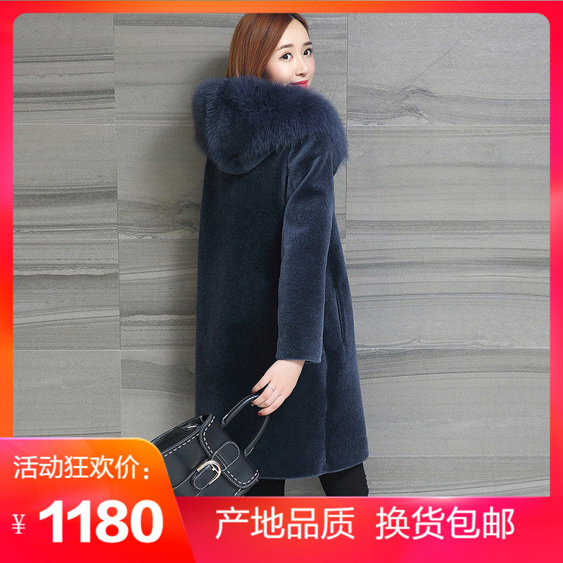 2022 winter new sheep sheared fur coat women's mid-length Haining hooded one-piece windbreaker fox fur collar coat
