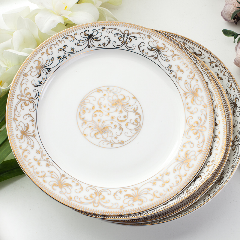 Yao hua ipads porcelain tableware gold plate round dish soup plate plate 8 inches ceramic flat plate set 4 only