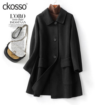 双面羊毛大衣女中长款翻领黑色宽松羊毛呢子秋冬新款轻奢毛呢外套