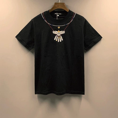 Брендовая бирюзовая этническая летняя футболка для влюбленных, европейский стиль, этнический стиль, с вышивкой, короткий рукав