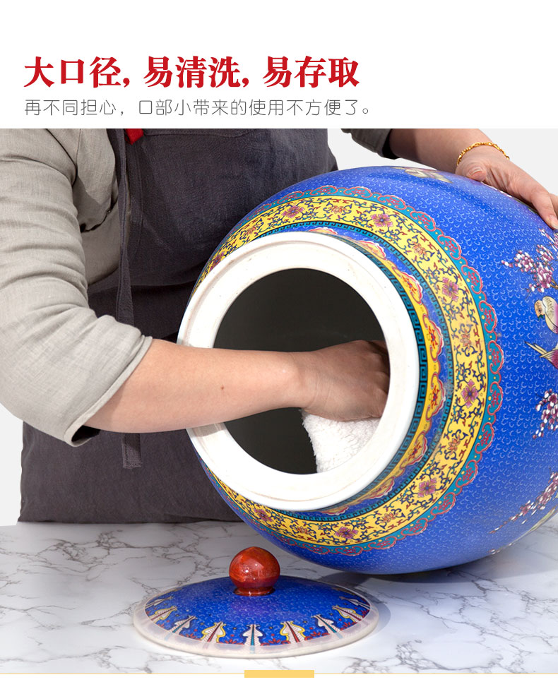 Jingdezhen ceramic with cover barrel ricer box 20 jins 30 jins 50 kg pack household moistureproof cylinder tank rice storage tank