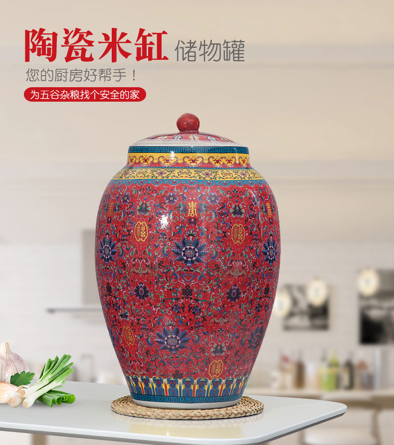 Jingdezhen ceramic barrel ricer box 20 jins 30 jins 50 kg pack household with cover moistureproof cylinder tank rice storage tank