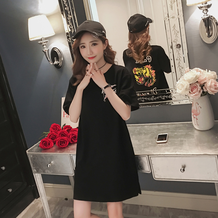 Trạm châu âu mùa hè mới in thư cotton đáy váy chia dài dài tay áo t-shirt dress triều thời trang trung niên nữ cao cấp 