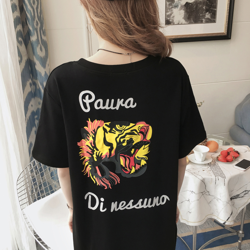 Trạm châu âu mùa hè mới in thư cotton đáy váy chia dài dài tay áo t-shirt dress triều thời trang trung niên nữ cao cấp 
