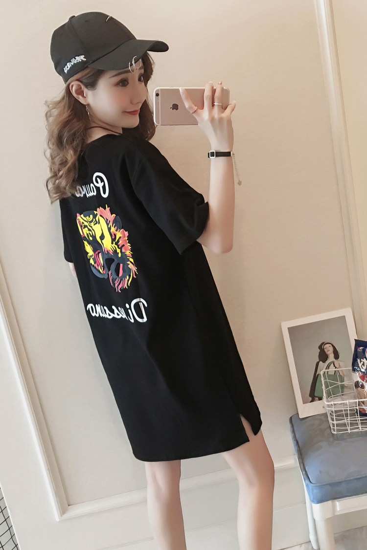 Trạm châu âu mùa hè mới in thư cotton đáy váy chia dài dài tay áo t-shirt dress triều thời trang trung niên nữ cao cấp 