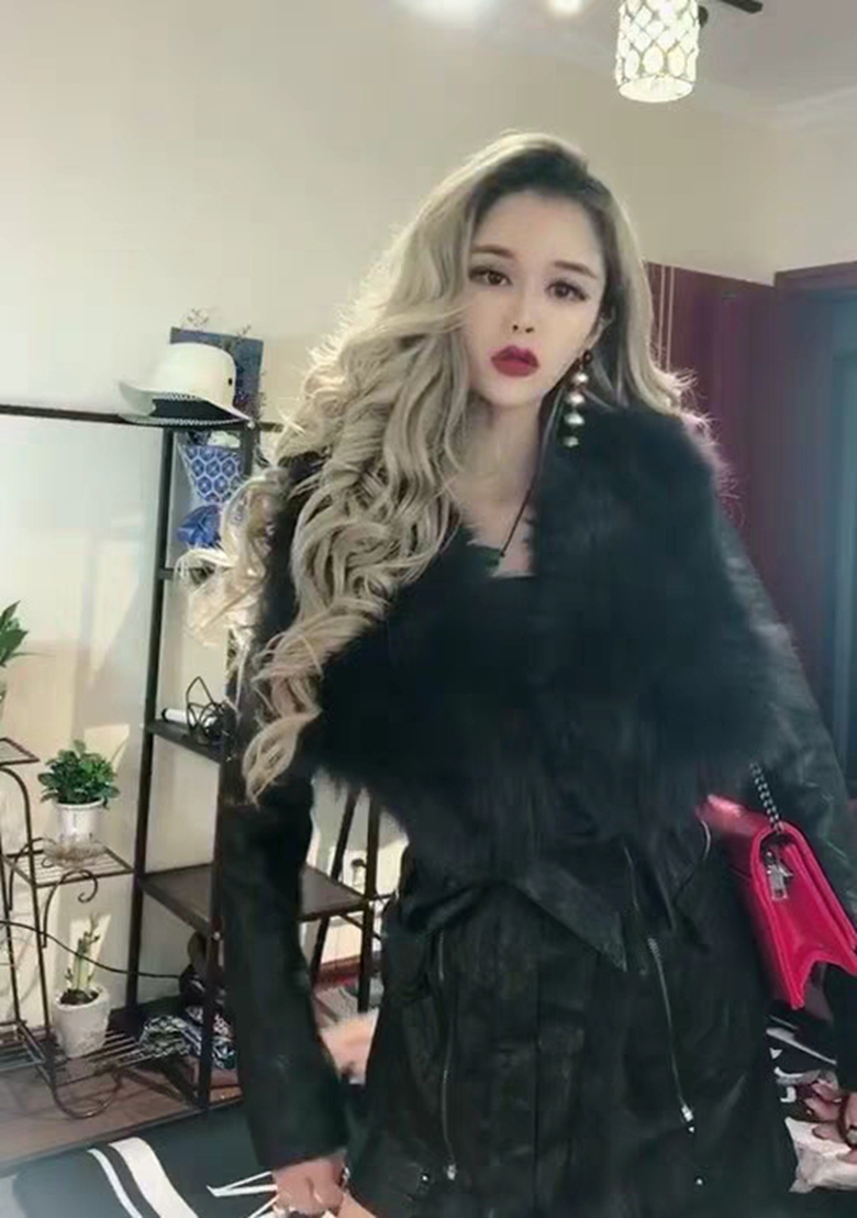 Mùa đông 2018 của phụ nữ đẹp trai phụ nữ đẹp trai lông cổ áo lông xù thắt lưng phụ nữ da đen áo da trắng