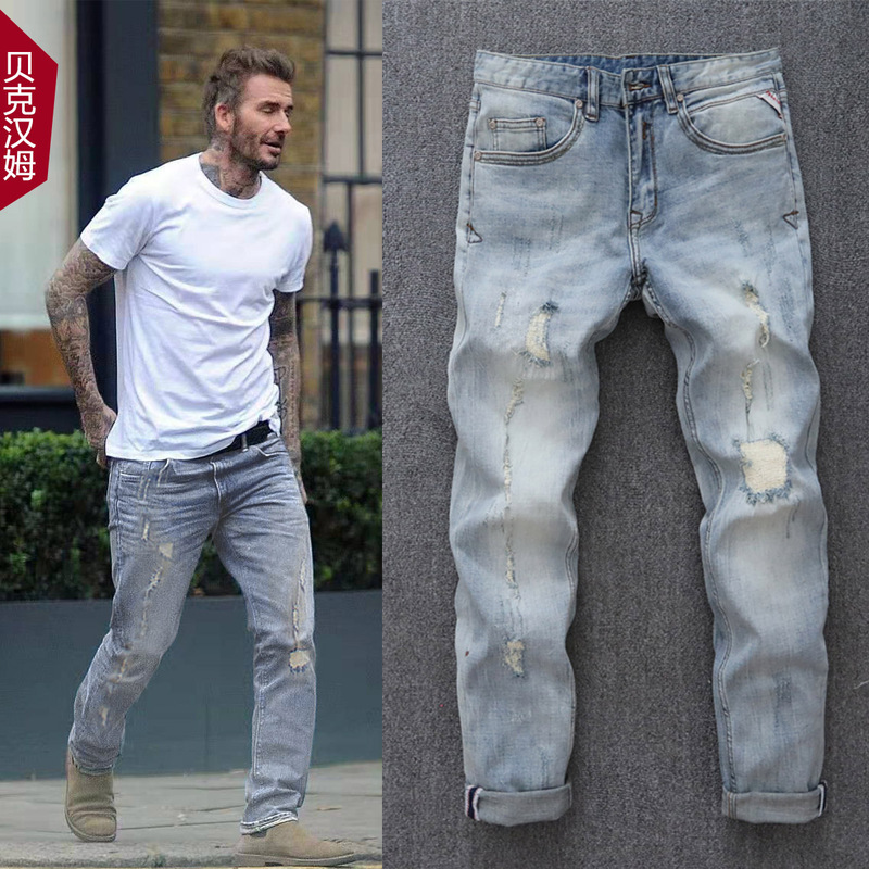 European Beckham-Style Ripped Jeans for Men, Unique Washed Light-Colored Slim Fit Skinny Jeans Trendy