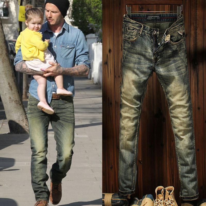 European Beckham Celebrity Fashion Brand Jeans for Men, Slim Fit, Vintage Distressed, Unique, Faded Yellow, Stylish