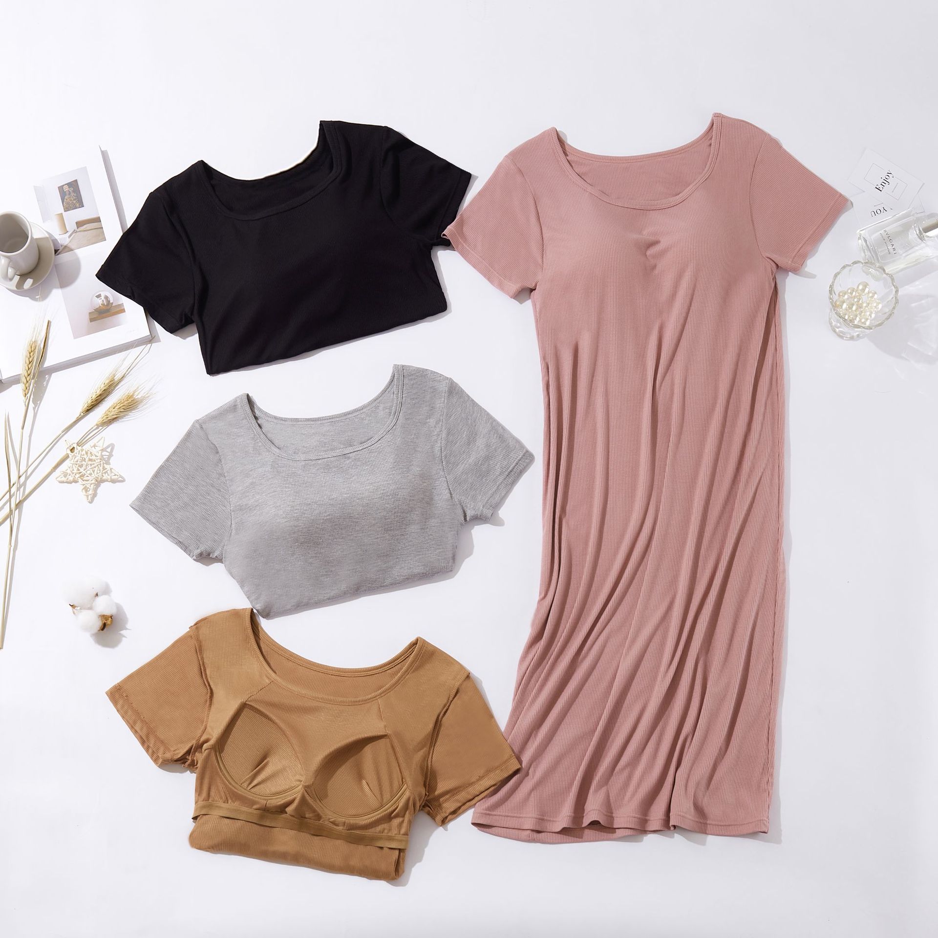 Homewear with chest pad one-piece solid color short-sleeved modal bra-free threaded women's summer long nightdress dress
