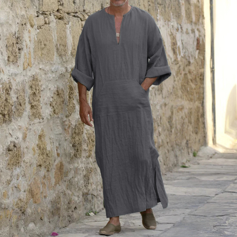 New Robe-Style Long Coat for Men, Long Cotton and Linen Large T-Shirt Robe