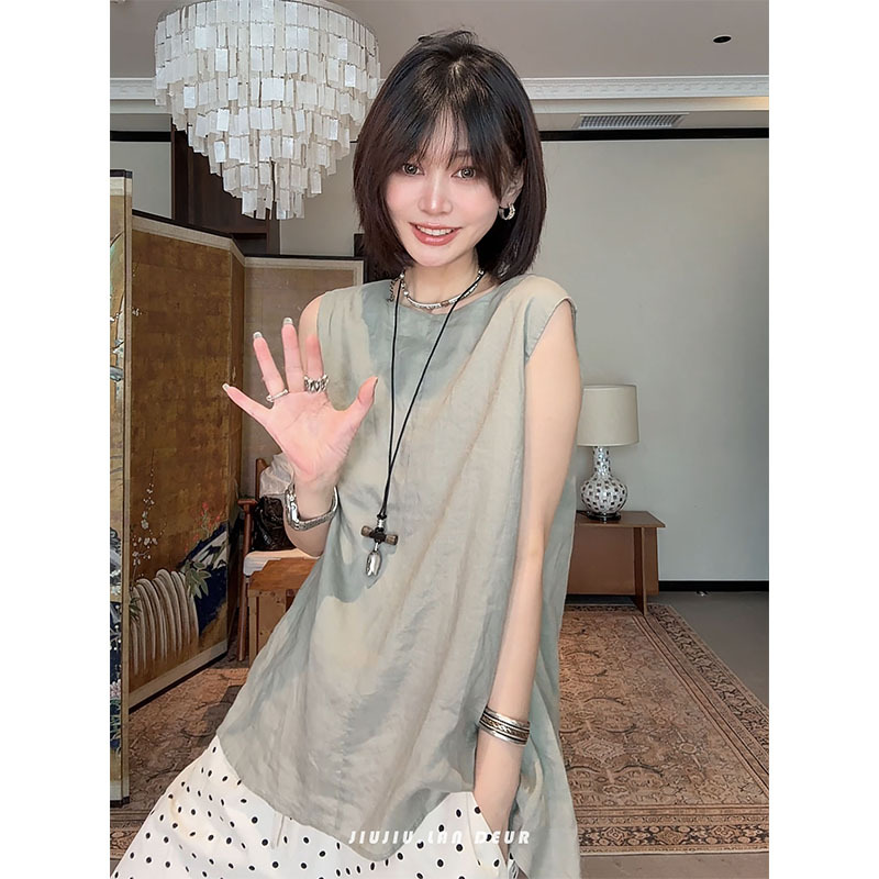 Lan Deur【Summer Flower Story】Ramie+Lyocell Korean Style Irregular Twist V-Neck Sleeveless Vest for Women Lan Deur【Summer Flower Story】Ramie+Lyocell Korean Style Irregular Twist V-Neck Sleeveless Vest for Women