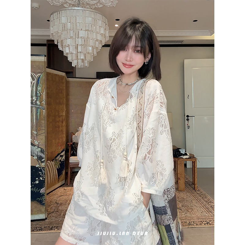 Lan Deur【Orange Field Wanderings】Hollow Embroidery Set Unique Heavy Craft Versatile Shirt + Shorts for Women