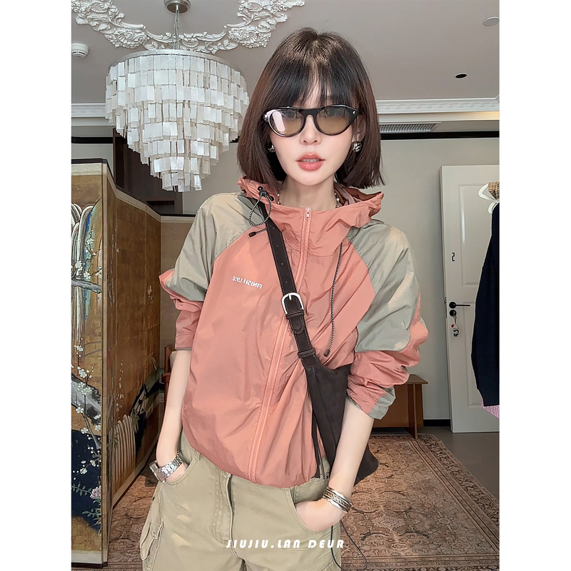 Lan Deur【Mufeng Qianlian】American Retro Color-Blocking Fashion Versatile Casual Jacket for Women Summer Windbreaker
