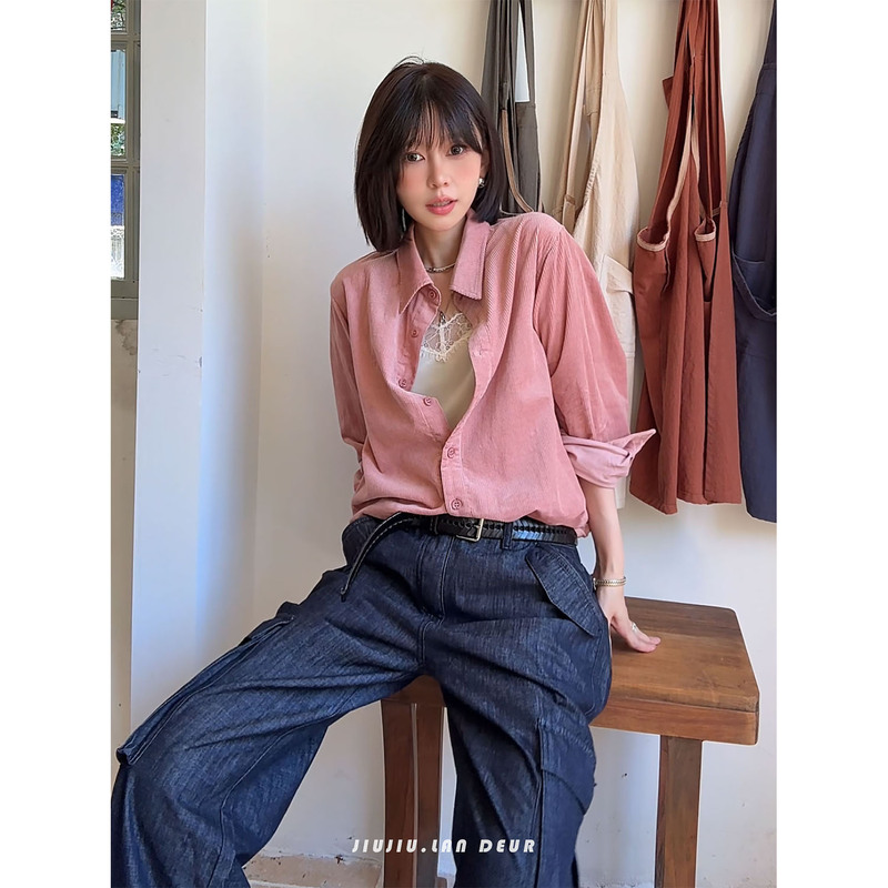 2026 Autumn New Style [Bai Chuan Hengxu] Design-Conscious and Elegant Velvet Loose Casual Long-Sleeved Pink Shirt for Women