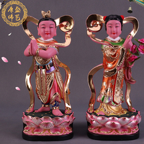 Golden Boy Jade Goddess of Mercy Guanyin Guanyin left and right guardian Statue Good Fortune Boy Dragon female incense Camphor Wood Buddha statue worship ornaments