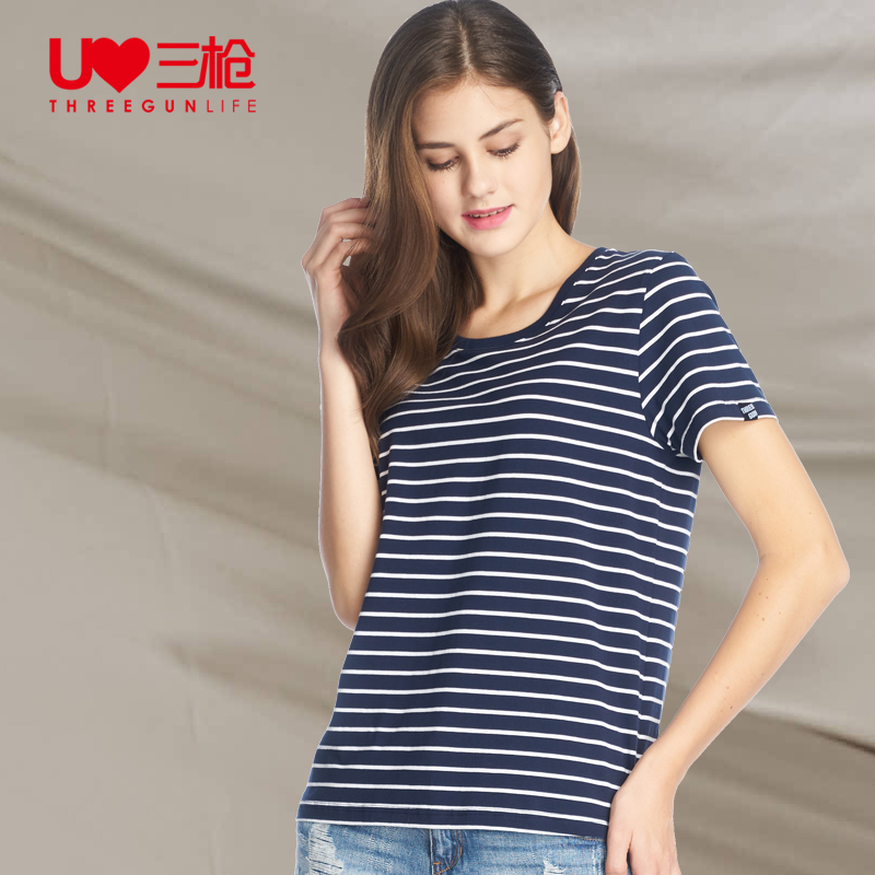 Three-shot short-sleeved women's summer striped crew neck Xinjiang cotton horizontal bar base shirt women's loose breathable thin short-sleeved