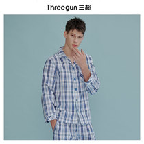 Three guns mens home clothes mercerized cotton color grid lapel placket long-sleeved trousers spring and summer new pajamas air conditioning clothes