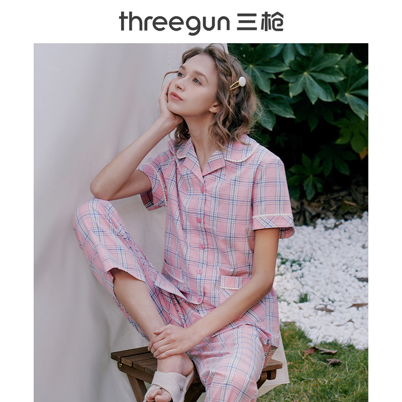 Three-gun lovers sleepwear suits spring and summer new pure cotton Caig capsized open brooder and casual stay-at-home boys' home