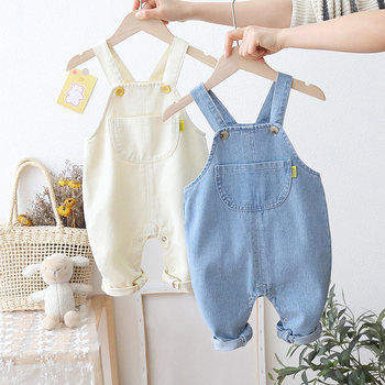 Spring and autumn super foreign style baby overalls ins pure cotton summer thin section denim children's pants 1 year old baby jumpsuit