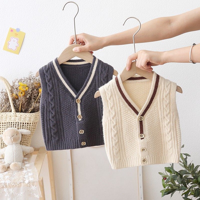 Fashionable and handsome boy vest outside wearing foreign style baby boy sweater cardigan spring and autumn thin section baby knitted vest