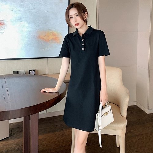 Летняя черная юбка для отдыха, платье с коротким рукавом, сезон 2021, в западном стиле, воротник поло, свободный прямой крой