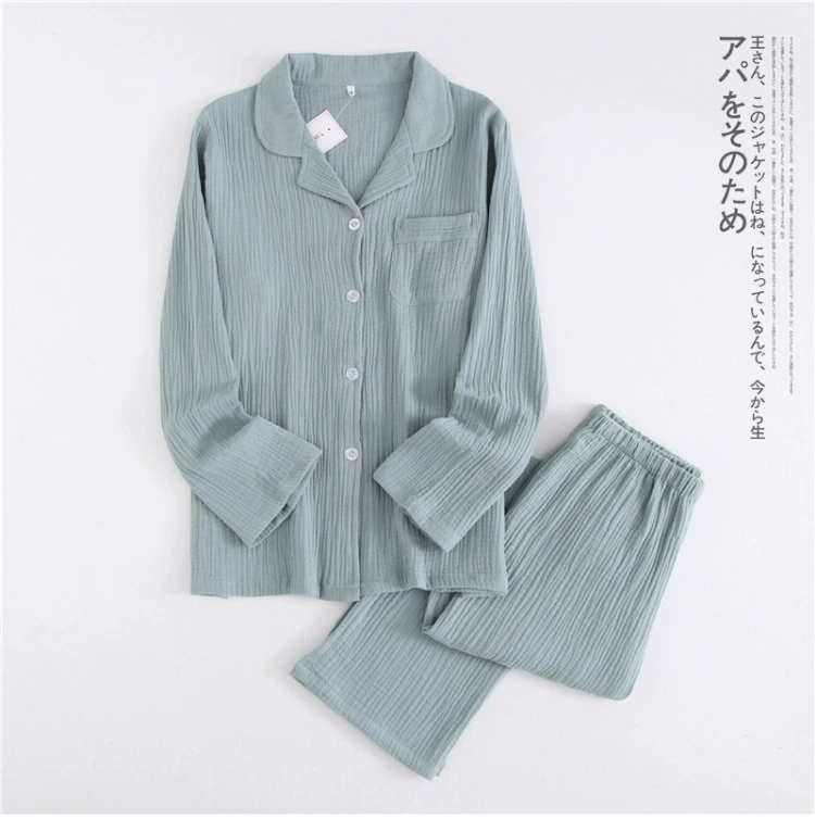 Đồ ngủ cotton Nhật Bản crepe nữ mùa thu đông rửa đôi gạc đôi tay dài đơn giản mẫu nhà phục vụ phù hợp với nam giới