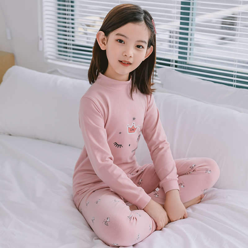 Girls autumn clothes sanitary pants two-piece set Medium and large virgin girl warm cotton base Children's underwear set cotton pajamas