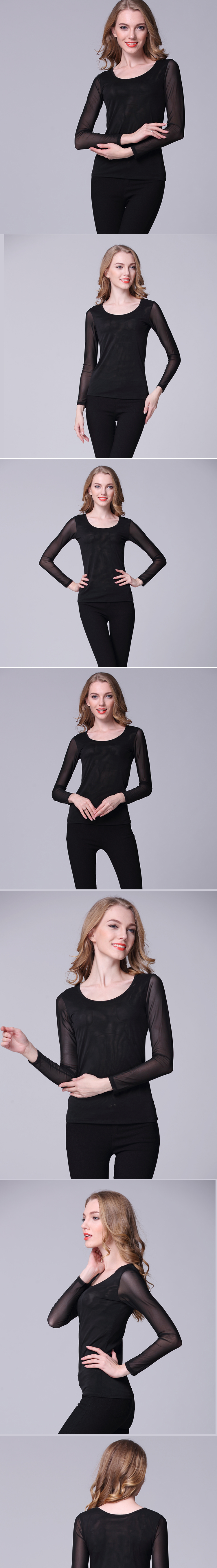 Màu đen trong suốt đáy áo lưới siêu mỏng gạc net cát t- shirt dài- tay quan điểm sexy ren áo sơ mi phụ nữ áo phông nữ rộng tay lỡ