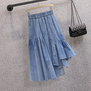 Plus-size women's irregular denim skirt 2022 elastic waist slimming all-match age-reducing loose high-waisted umbrella skirt