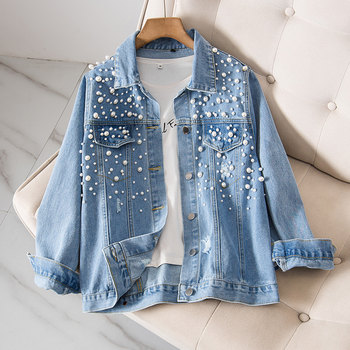 Plus-size women's clothing 2022 autumn new fat sister looks thin fashion loose design sense of diamond studded bead denim jacket