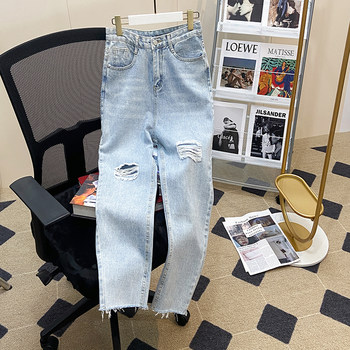 2022 new large size women's summer ripped jeans female fat sister loose wide-leg straight tube daddy pants cropped pants