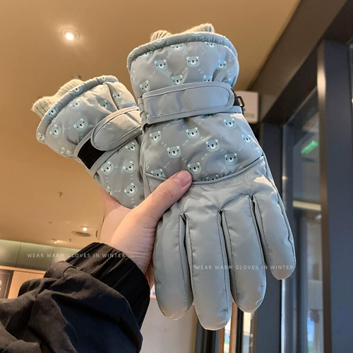 Лыжные демисезонные перчатки, удерживающий тепло комплект, нескользящий водонепроницаемый электромобиль для велоспорта, с медвежатами