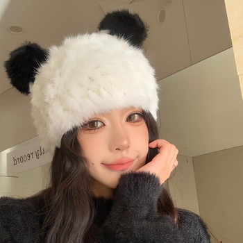 Bear Ear Rabbit Fur Hat for Women, Cute and Warm Plush Knitted Beanie with Ear Protection, Makes Face Look Smaller, Trendy for Elementary School Students