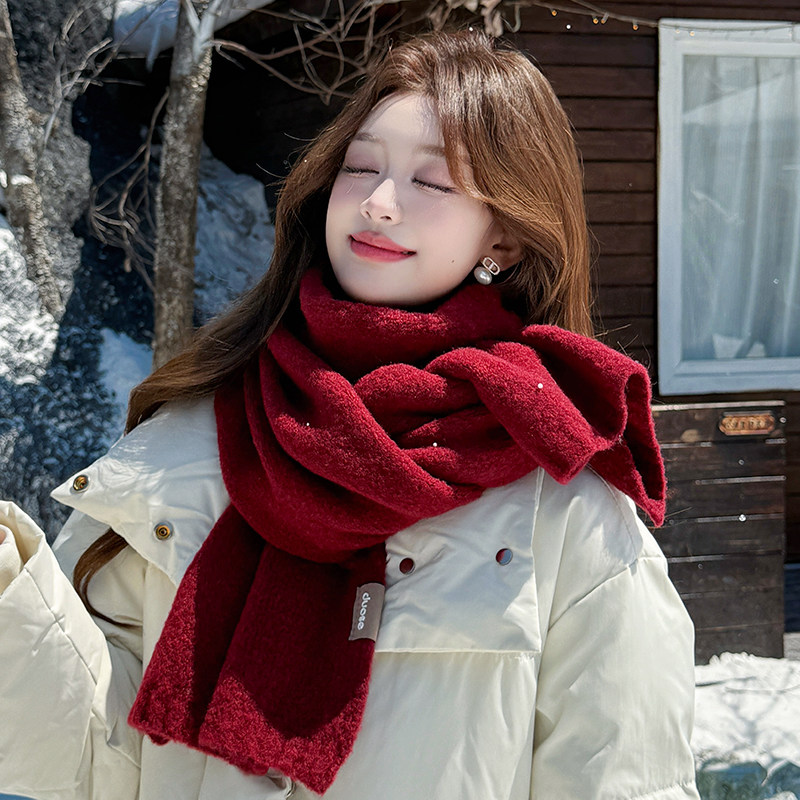 Wool Scarf for Women, Winter 2025 New Korean Style, Versatile Solid Color Knitted Warm and Cold-Proof Neck Scarf