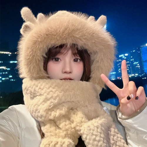 Бархатная шапка, перчатки, шарф с капюшоном, удерживающий тепло зимний мультяшный комплект, 3 предмета