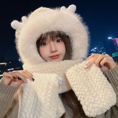 Бархатная шапка, перчатки, шарф с капюшоном, удерживающий тепло зимний мультяшный комплект, 3 предмета