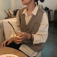 Hàn Quốc mùa thu retro của phụ nữ hoang dã lỏng tay áo cổ chữ V túi nhỏ màu rắn bên ngoài áo len đan áo len cổ lọ