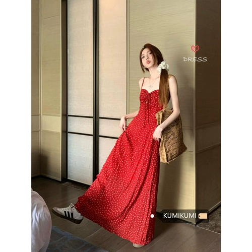 Красное летнее платье-комбинация, длинная юбка, в цветочек, А-силуэт