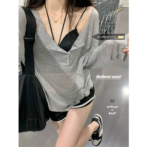 Сексуальный летний тонкий лонгслив, футболка, V-образный вырез, защита от солнца, оверсайз