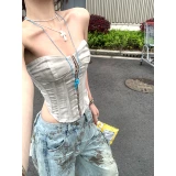 Комплект, летний топ без лямок, бюстгальтер-топ, универсальные джинсы, облегающий крой, оверсайз