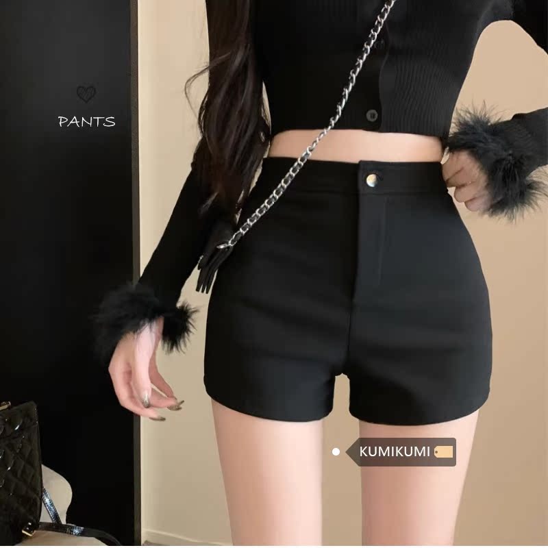 黒のショートパンツ、セクシーなホットガールのお尻カバーパンツ、Aラインホットパンツ、カジュアルパンツ、女性の冬のハイウエスト弾性タイトパンツ