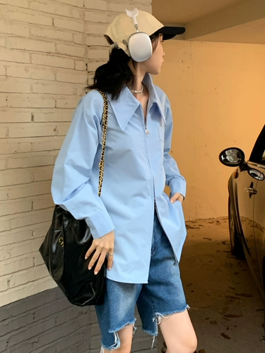 Дизайнерская белая осенняя синяя рубашка, французский стиль, воротник поло