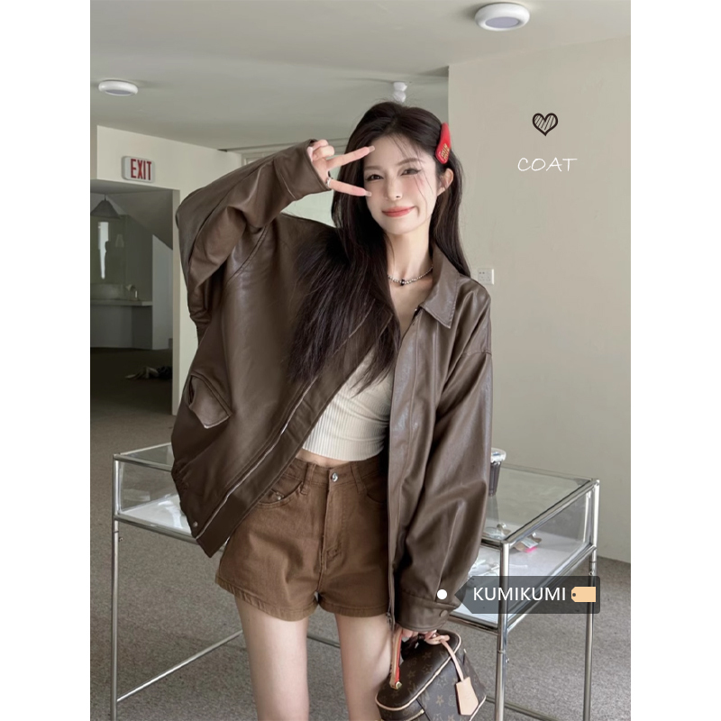 Retro American-Style Brown Leather Jacket for Women, Spring Black Leather Coat, Motorcycle Pu Leather Loose Long-Sleeved Top