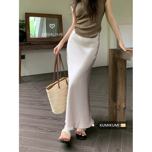 Розовая летняя длинная юбка, изысканный стиль, высокая талия, цвета шампанского, рыбий хвост, с акцентом на бедрах