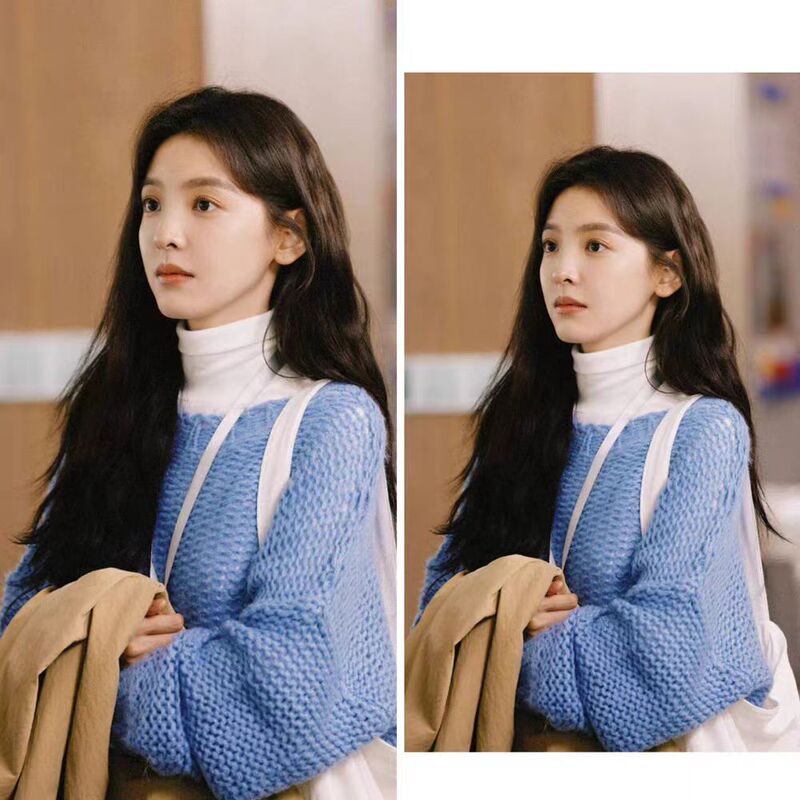 Diffuse to Coax Zhang Ruonanwen Yifan's Same Style Blue Knitwear Women's Long-Sleeved Loose Lazy Style Design Knitted Knitwear Top