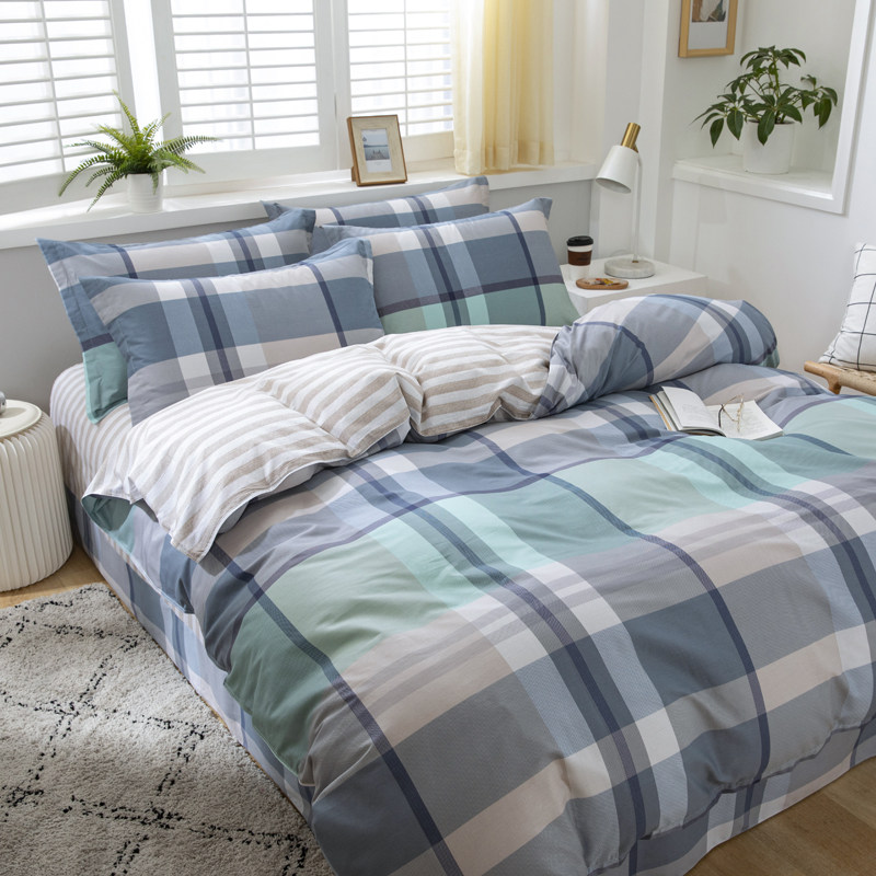 Spring summer pure cotton linen sheets 4 pieces 100 All cotton quilts covered with hood Men's striped plaid 1 5m1 8 m beds