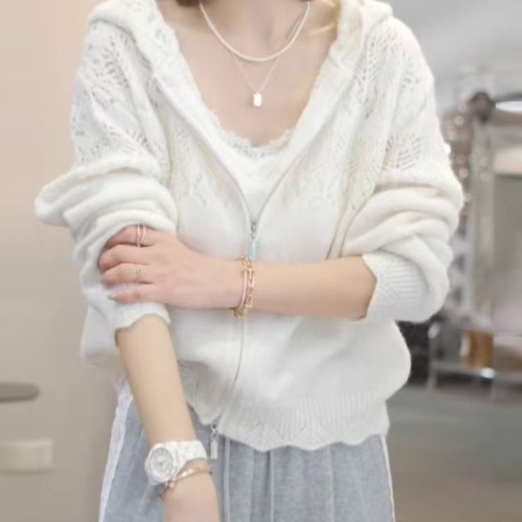 White Hollow-Out Hooded Knit Cardigan for Women, Spring Versatile Sun Protection Jacket with Zipper, Long Sleeves, Loose Fit, Uv Protection White Hollow-Out Hooded Knit Cardigan for Women, Spring Versatile Sun Protection Jacket with Zipper, Long Sleeves, Loose Fit, Uv Protection